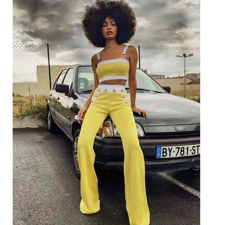 

Spot quick sale spring and summer women's clothing metal buckle sexy elastic sling vest bandage pants two-piece set