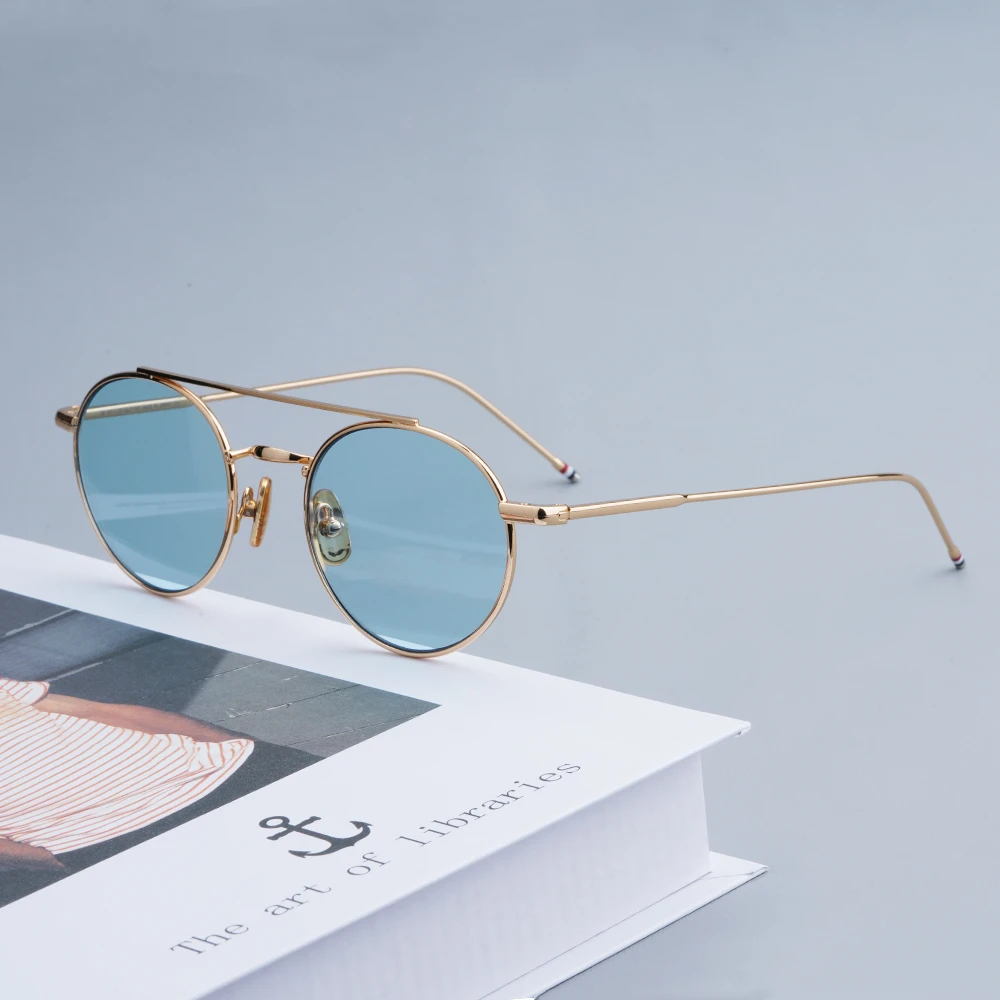 

Thom Vintage Alloy Sunglasses Retro Round Metal Eyeglasses Frame for Male and Female Blue lens