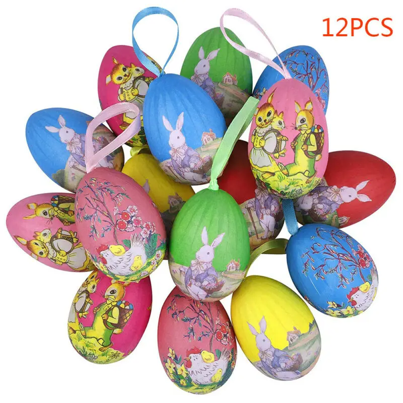 

12PCS Easter Eggs Decor DIY Foam Colorful Hanging Eggs Ornament Holiday Decors