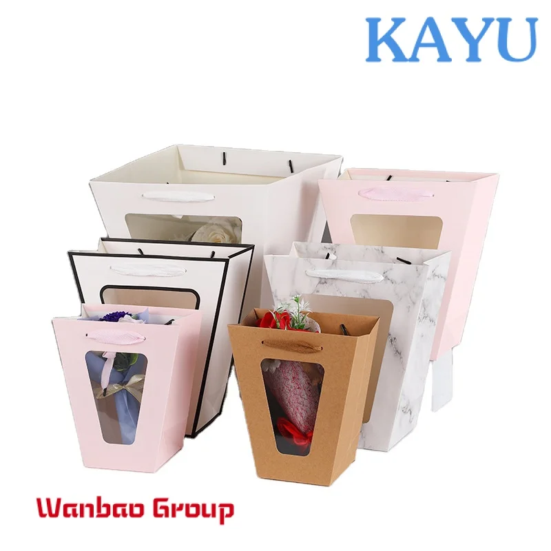 Hot sale Portable Bouquet Flower Doll Carrier Transparent Window Gift Packing Paper Gift Bag Flower Bag