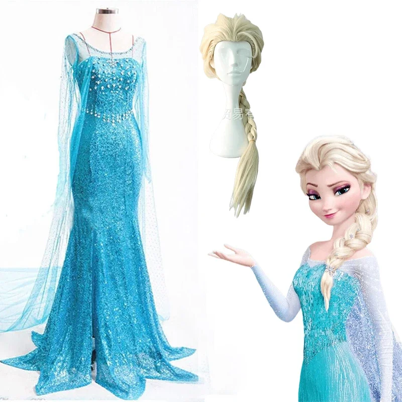 

Disney Anime Frozen Elsa Cosplay Costume Dress for Women Blue Bling Snow Dresses Wig Suit Halloween Party Costumes Clothes
