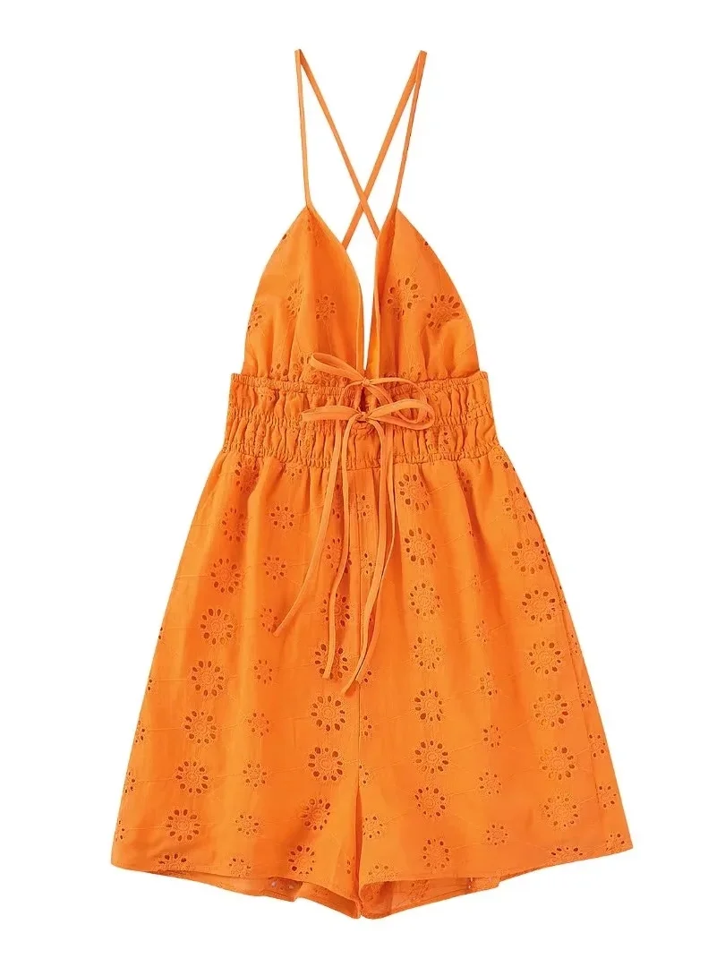 

Women Fashion Hollow Out Embroidery Halter Rompers 2022 Summer New Belt Backless High Elastic Waist Casual Playsuits For Holiday