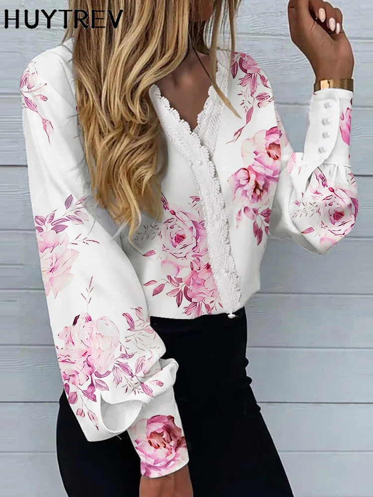 

Fashion White Lace Chiffon Blouse Top For Women Casual Print Summer Long Sleeve Button Shirts Tops Woman Office Ladies Clothes