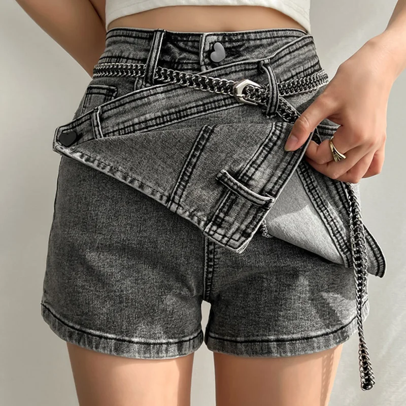 

Short Mini Denim Skirt High Waist Asymmetrical Chain Belt Jeans Summer Korea Stylish Fashion Clothes 2023 Faldas Streetwear