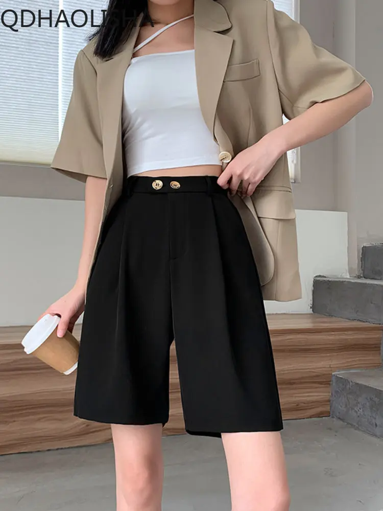 

Новинка лета 2023, модные Костюмные шорты в Корейском стиле, женские свободные прямые повседневные тонкие брюки с высокой талией, уличная одежда, женские брюки