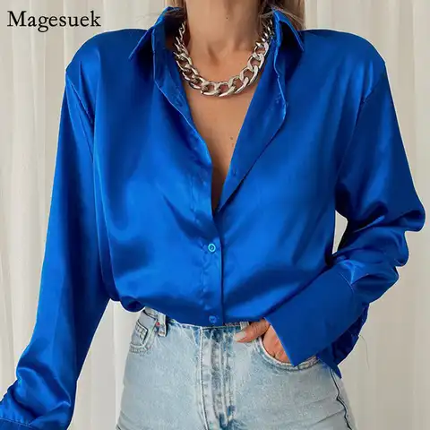 Elegant Satin Long Sleeve Blouses Women 2022 Vintage Blue Green Silk Shirt Women Casual Loose Button Up Female Shirts Tops 18913
