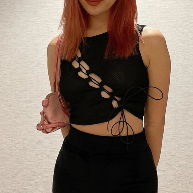 

E-girl Fashion Hollow Out Bandage Black Crop Tops Mall Goth Y2K Lace-Up Ribbed O-neck Sleeveless Tank Tops Streetwear 2021 New