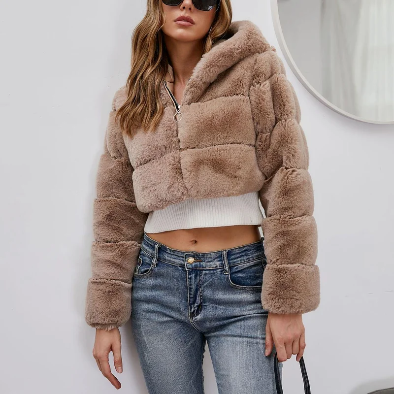 Women Faux Fur Hoodie Coat Autumn Winter High Quality Fluffy Short warm Faux Fur Jacket Overcoat Ladies Outerwear