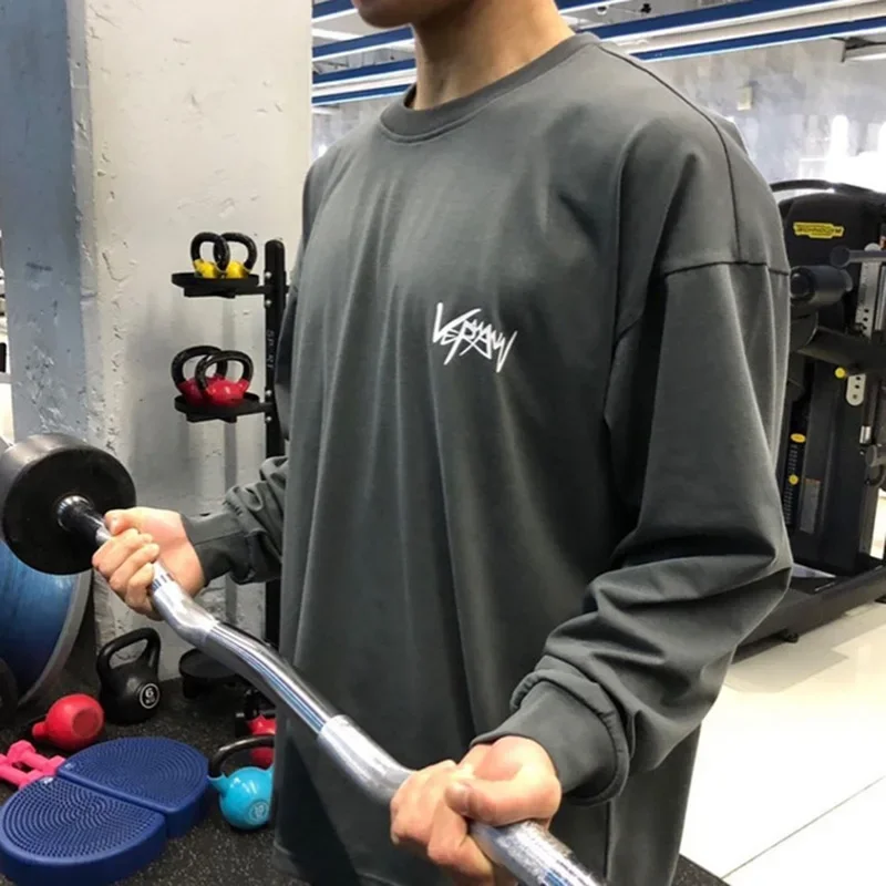 Футболка мужская Спортивная с круглым вырезом Свободный Топ длинным рукавом для