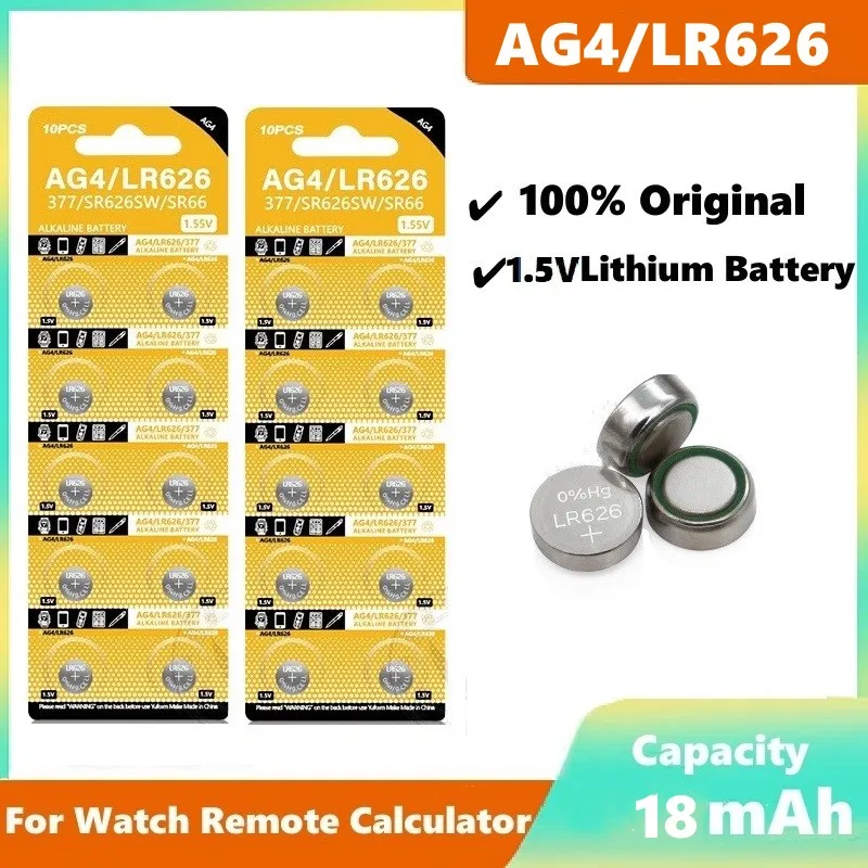 

Кнопочные батарейки AG4 LR626 377, щелочные батарейки SR626 177, батарейки 1,55 в 626A 377A CX66W для игрушек, камеры, часов, 50 шт.