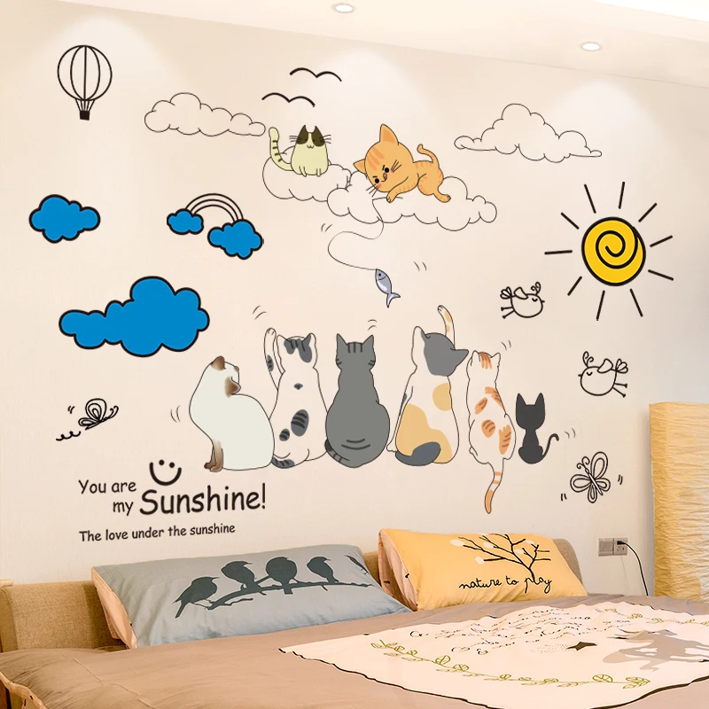 

[SHIJUEHEZI] Cartoon Cats Animals Wall Sticker Vinyl DIY Clouds Sun Mural Decals for Kids Bedroom Living Room Home Decoration
