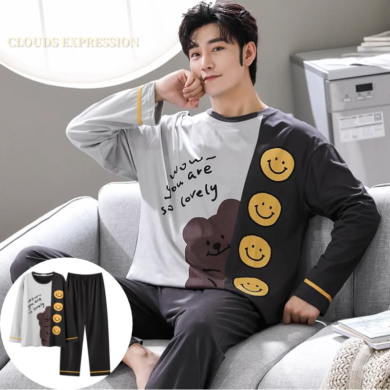 Autumn Winter Men's Cotton Pajamas Letter Striped Sleepwear Cartoon Pajama Sets Casual Sleep&Lounge Pyjamas Plus Size 4XL Pijama