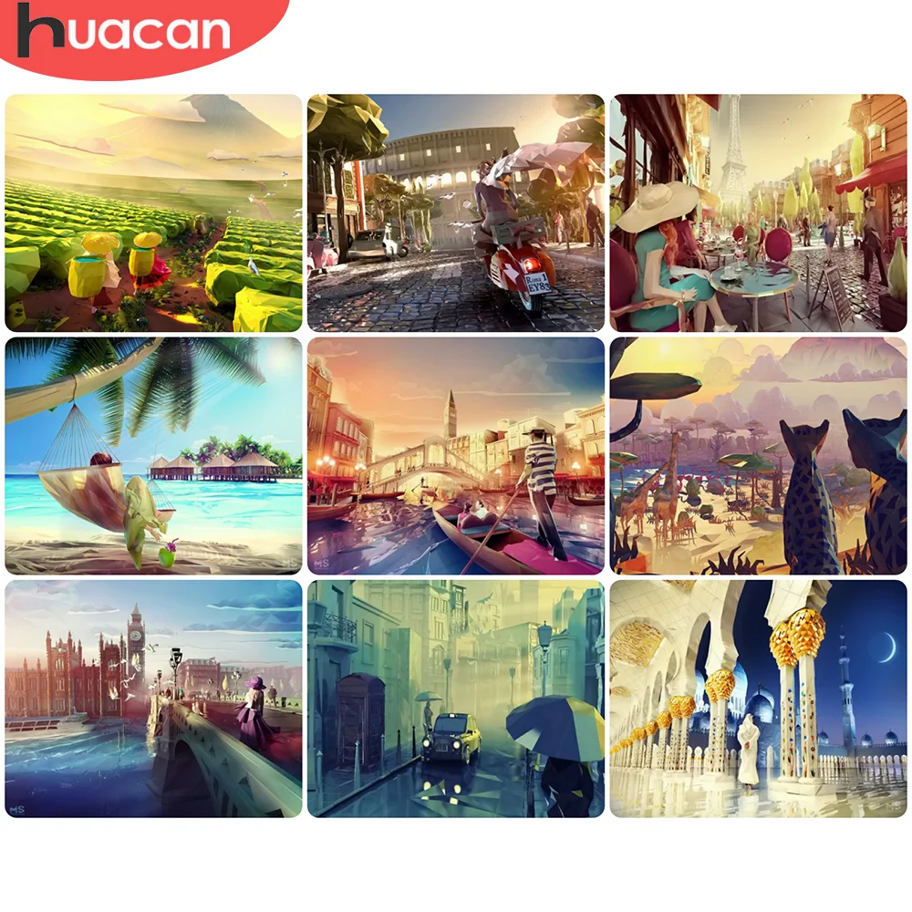 

HUACAN Oil Painting By Numbers Seaside Landscape Unique Gift Acrylic Home Decor Hand Painted Coloring Cat For Living Room