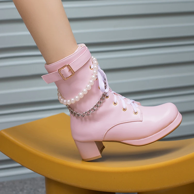 

Hot Belt Buckle Beaded Metal Chain Cute Sweet Student Shoes Lolita Style Chunky Heel Cross Lace Side Zipper Women's Ankle Boots