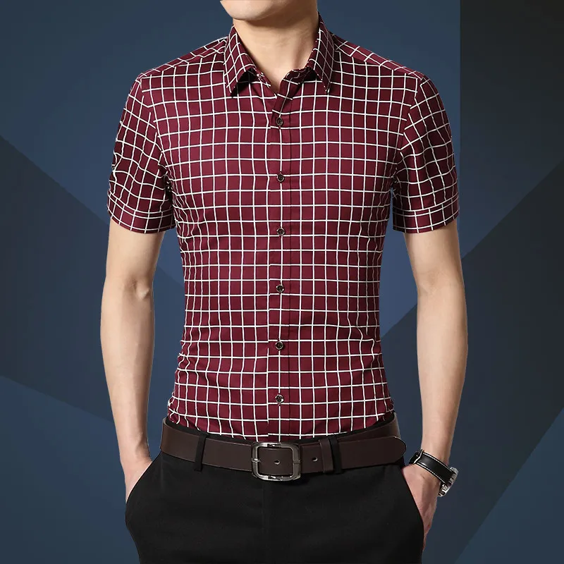 2022 Plaid Men Shirts High Quality Short-sleeved Summer Dress 100% Cotton Shirt Brand Casual Color Solid Collar  Shirts 4XL M667