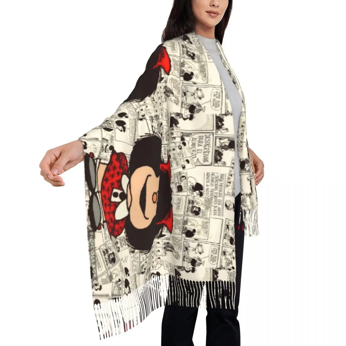 Женский шарф с кисточками в стиле аниме Mafalda зимне-осенние теплые шали женские