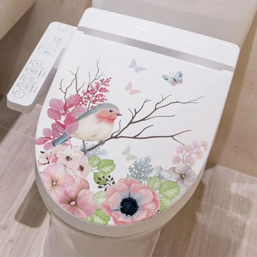 

Self-adhesive Toilet Sticker Waterproof Toilet Lid Wall Stickers with Birds Flowers Pattern for Home Bathroom Decor Colorful