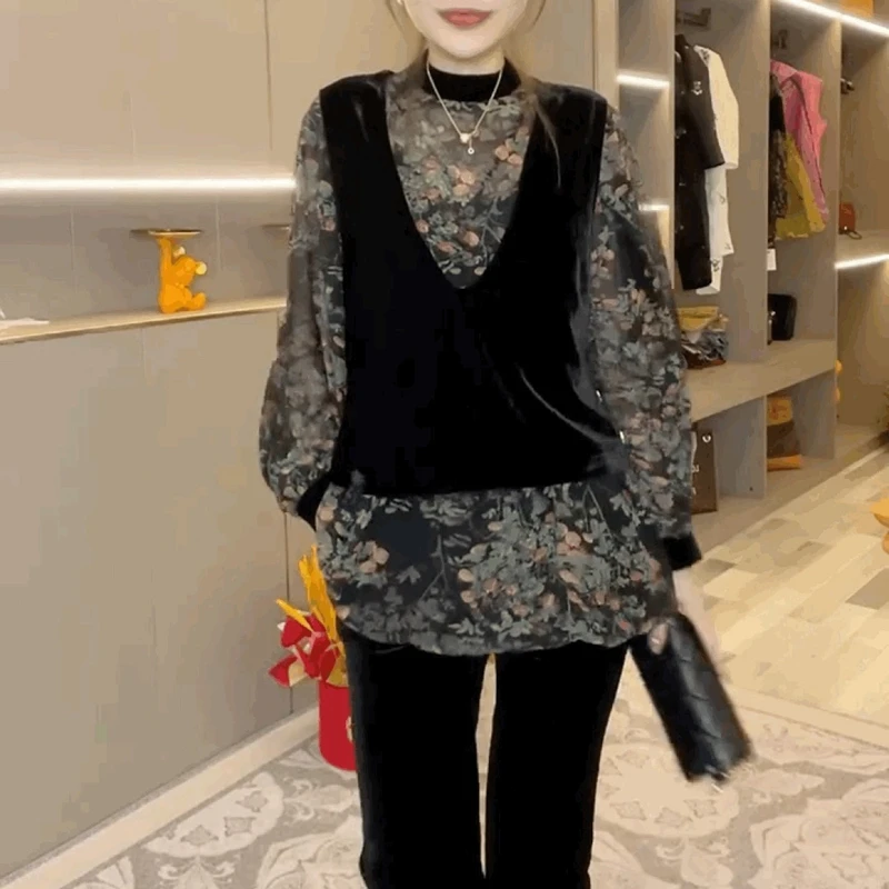 Золотистый бархатный жилет шифоновые рубашки с большими рукавами комплект из