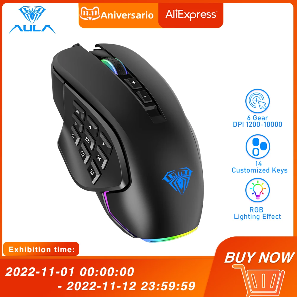 

AULA H510 RGB Gaming Mouse 10000 DPI Side Buttons Marco Progrommable Egronomic 14 Wire Backlit Game Mice for Laptop