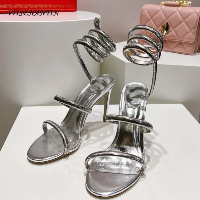 

Дизайнерские босоножки на высоком каблуке, золотистые, серебристые босоножки со змеиным ремешком, сексуальная женская свадебная обувь, Новое поступление, изысканная бутиковая обувь