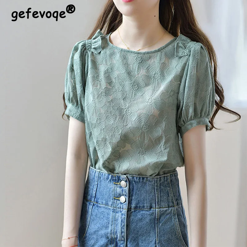 2022 Summer Women Green Lace Embroidery Chic Short Sleeve Shirts Casual Ruffle Sweet Short Sleeves Round Neck Loose Blouses Tops