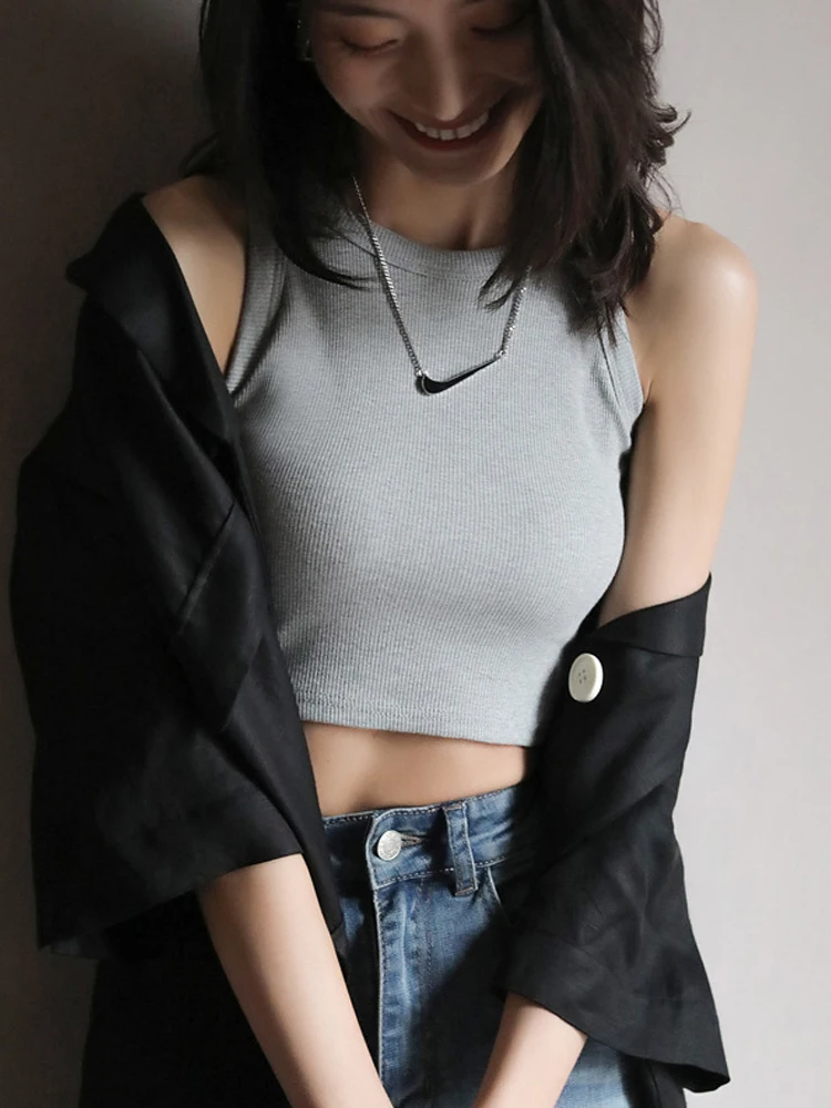 2022 Knitted Women's Vest Halter Tanks White Crop Top Ribbed Female Sexy Short Casual Fitness Basic Off Shoulder Summer Clothing |