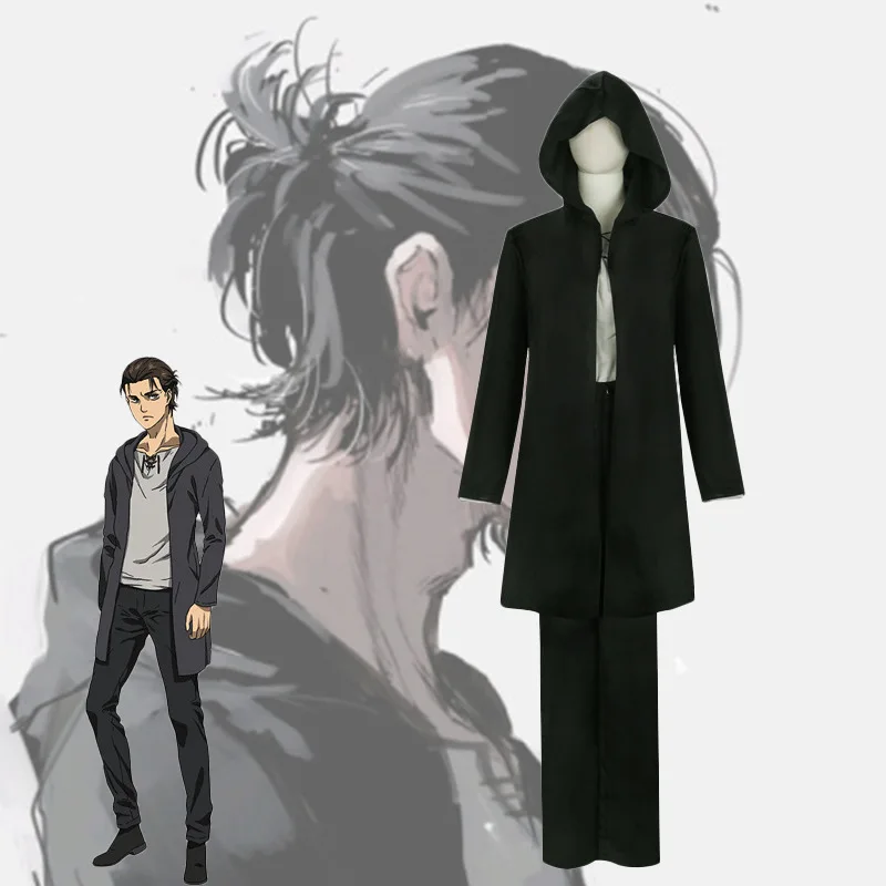 

Attack On Titan Jaeger Eren Cosplay Costume Uniform Black Hooded Coat Anime Women Men Halloween Carnival Party Costume 2XL 3XL