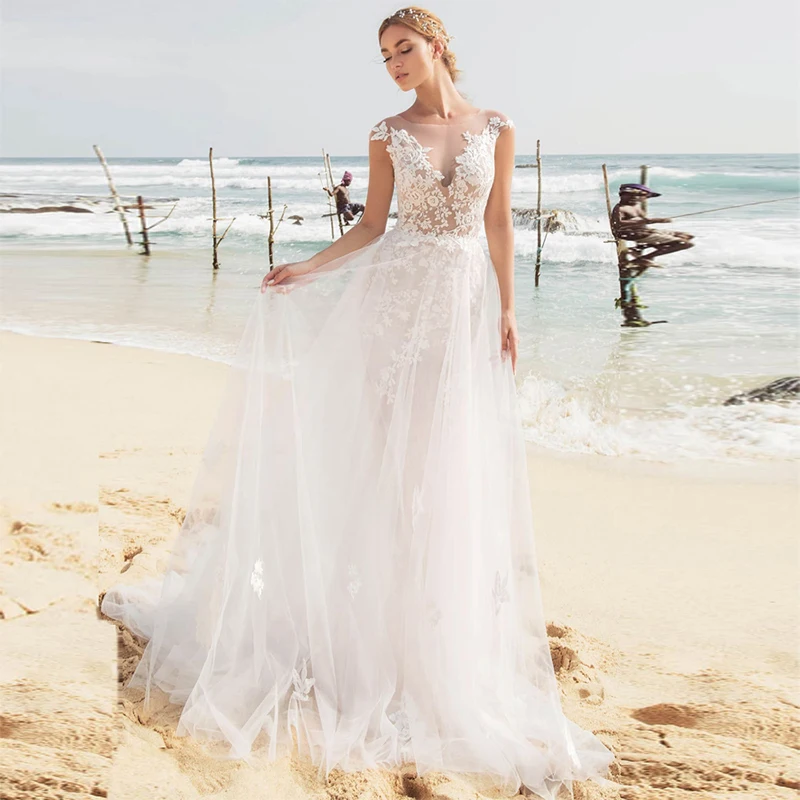 

Charming Boho Wedding Dresses A-line Scoop Neck Tea-Length Appliques Buttons Bridal Gown Custom Made For Women Vestidos De Noiva