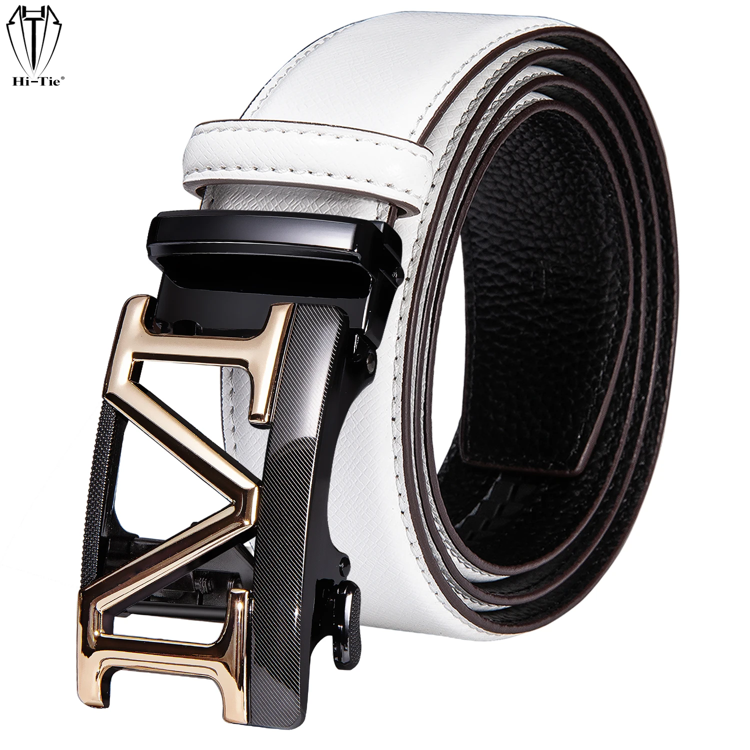 

Hi-Tie Colors Genuine Leather Mens Dress Jeans Belts Automatic Buckles Waistband for Men 3.5cm Width Girdle Strap Designer Gift