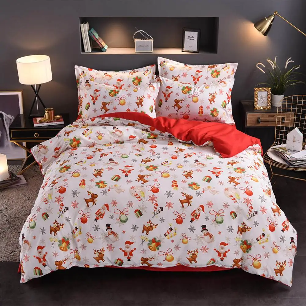 

4pcs/set Soft Bedding Set Double-sided Sanding Cotton Christmas Printing Duvet Cover Bed Sheet Pillowcase Home Textile