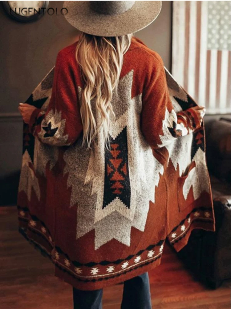 

Women's Trench Coat Autumn Winter New Print Casual Loose Long Sleeve Cardigan V-neck Ladies Large Size Coats Lugentolo