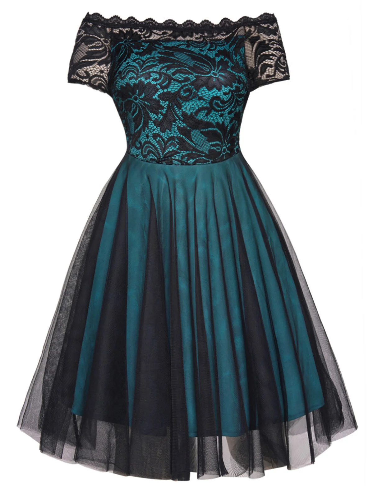 

Plus Size Party Dress Off The Shoulder Flower Lace Mesh Overlay Robe Short Sleeve Mini Cocktail Vestidos New