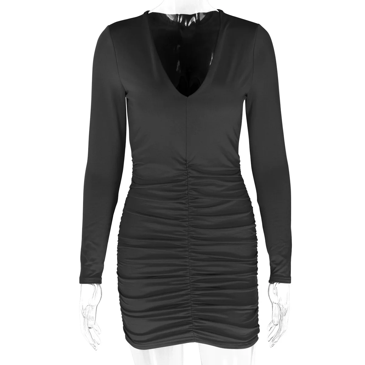 KOLLSEEY Brand  Sexy Club Party Mini Deep V Neck Pleated Bodycon 2022 Hollow Out Long Sleeve Ruched Women Dress enlarge