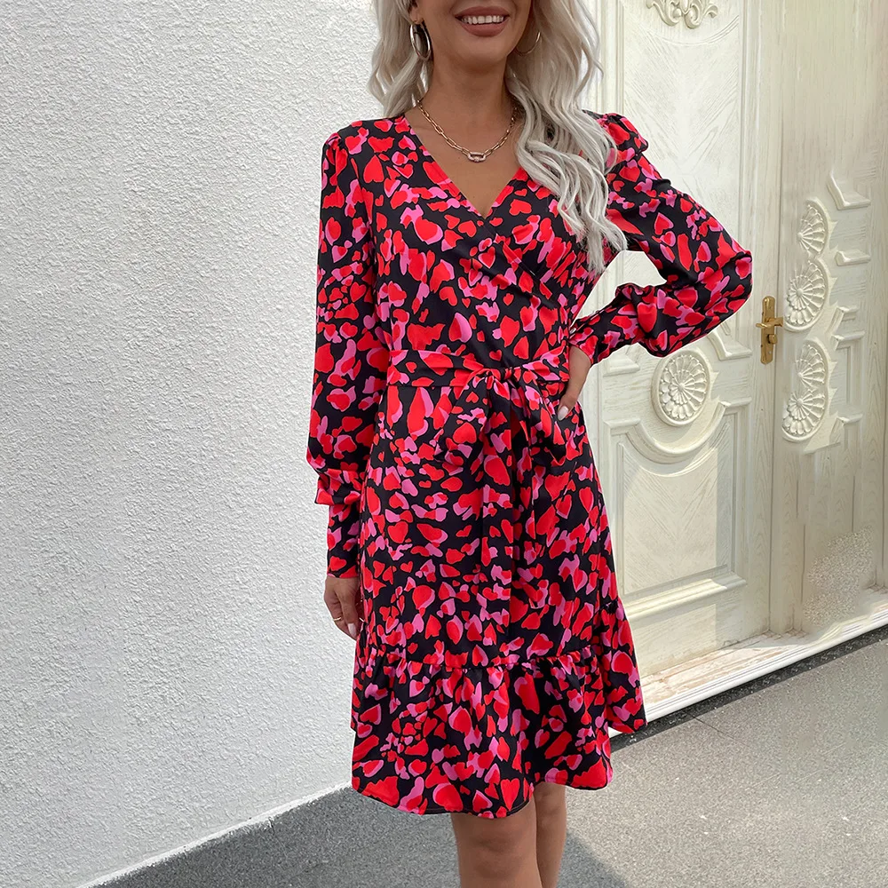 

2022 Spring Autumn Women's Elegant Sundress V-neck Long Sleeve A-Line Dresses Red Floral Print Retro Dress Sexy Mini Beach Dress