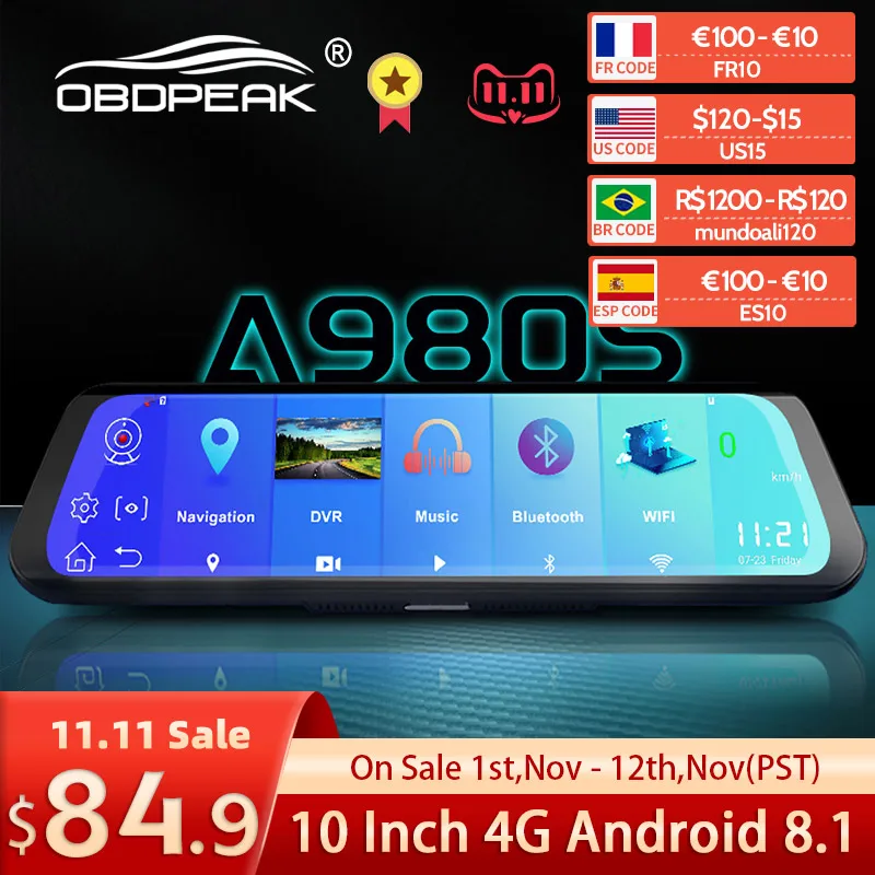 

A980s 4G Car DVR 10" Android 8.1 Stream RearView Mirror FHD 1080P ADAS Dash Cam Camera Video Recorder Auto Registrar Dashcam GPS