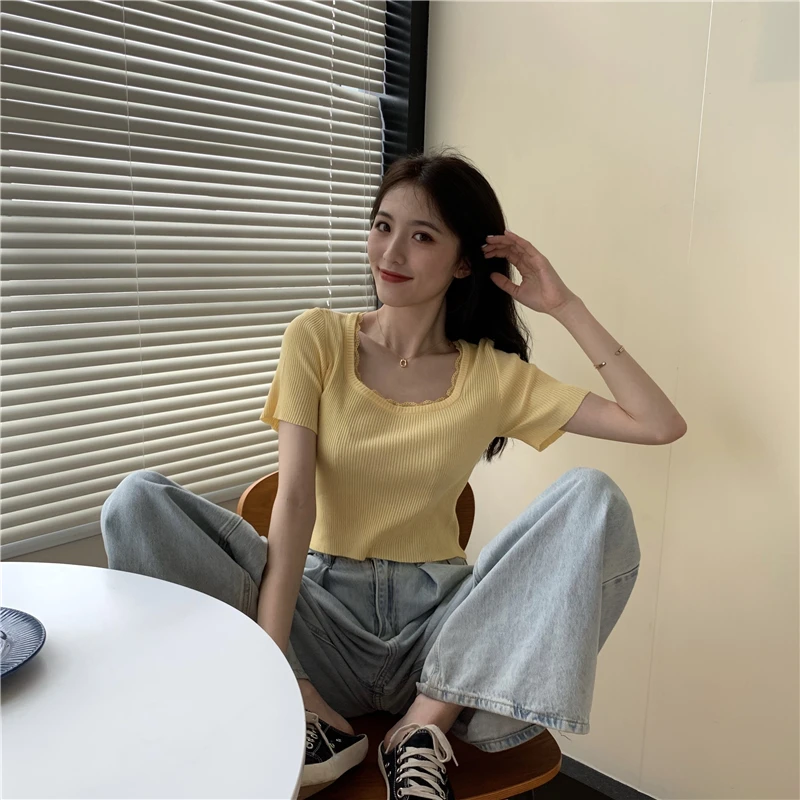 

GY0129 New gentle French style Square Neck Lace knit shirt in summer women's small thin short sleeved T-shirt