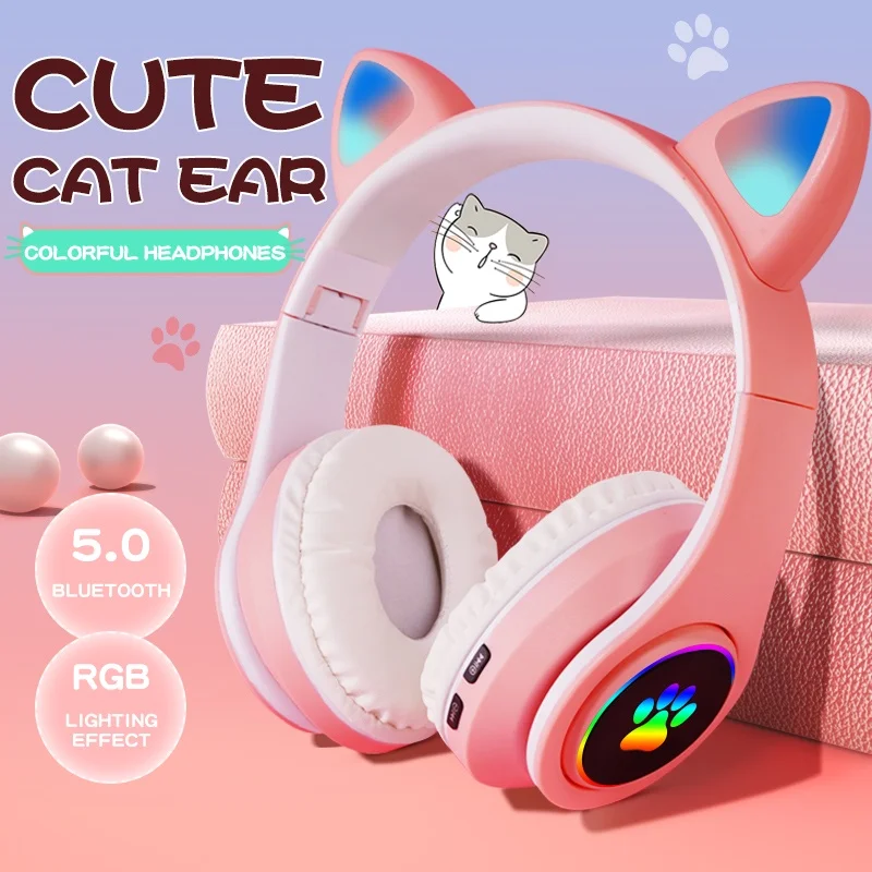 

Hot SaleCat Headphone Wireless Bluetooth headfone Cat Ear Headset Colorful LED with mic alat dengar fon telinga