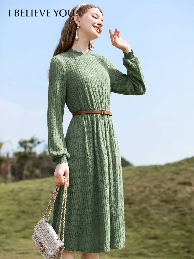 I BELIEVE YOU Dresses for Women 2022 Autumn Winter Pullover Puff Sleeves High Waist Aline Vestidos Solid Female Dress 2224094772
