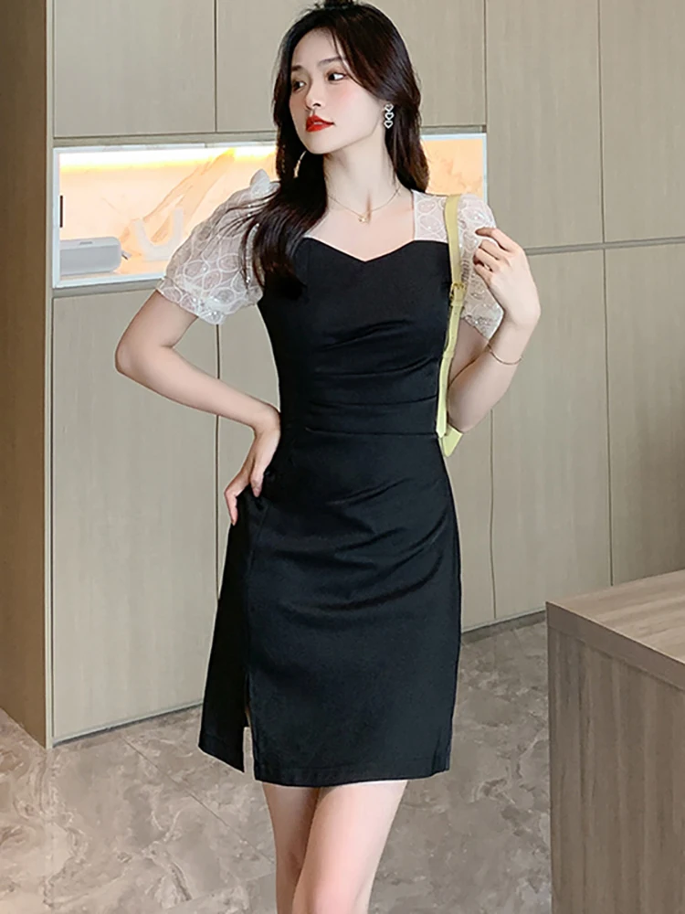 

Black Patchwork Sequins Mesh Short Sleeve Mini Dress Women Korean Vintage Hepburn Dress 2023 Summer Elegant Bodycon Party Dress