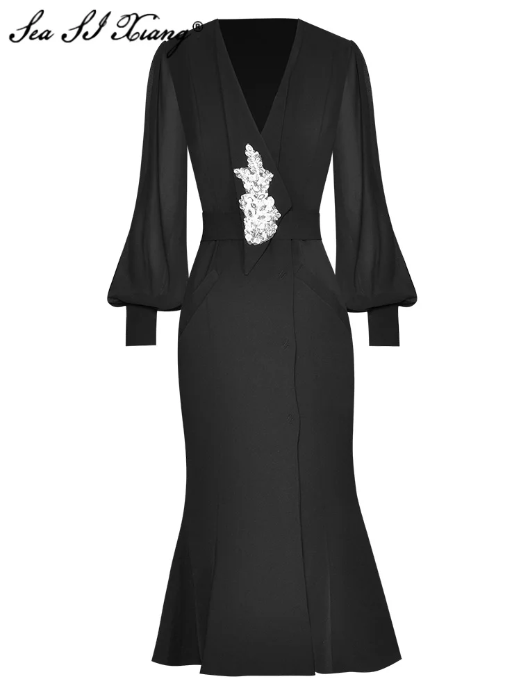 

Seasixiang Fashion Designer Autumn Mermaid Dress Women V-Neck Lantern Sleeve Crystal Diamonds Lace Up Vintage Black Midi Dresses