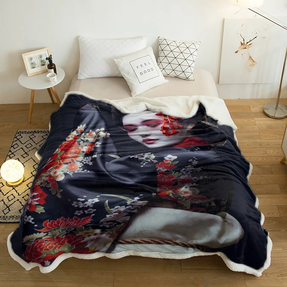 

Japanese Woman Red Sakura Kimono Lamb Cashmere Fleece Blanket Home Bed Sofa Winter Sherpa Bedding Kids Thick Bedspread