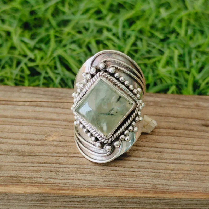 

Boho Antique Silver Wide Rings for Women Antique Square Green Stone Rings Ethnic Bride Wedding Jewelry Party Accessories