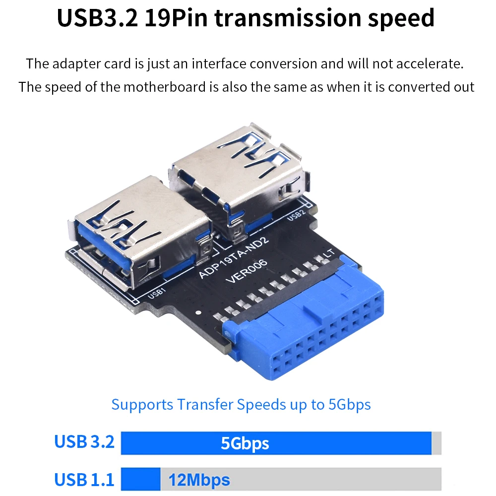 Разъем TISHRIC 19Pin на Type C/Dual USB A USB3.2 19pin мама сиденья 3.0 Адаптер для материнской платы