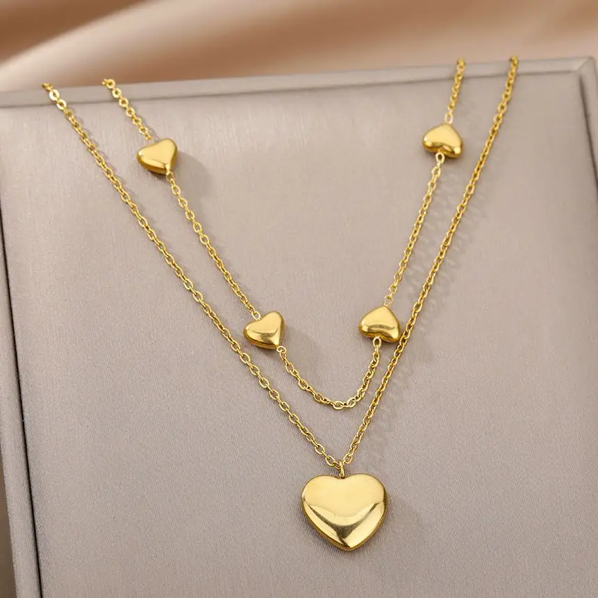 

Multilayer Romantic Heart Thick Clavicle Chain Stainless Steel Gold Color Plated Necklace For Women Wedding Party Jewelry