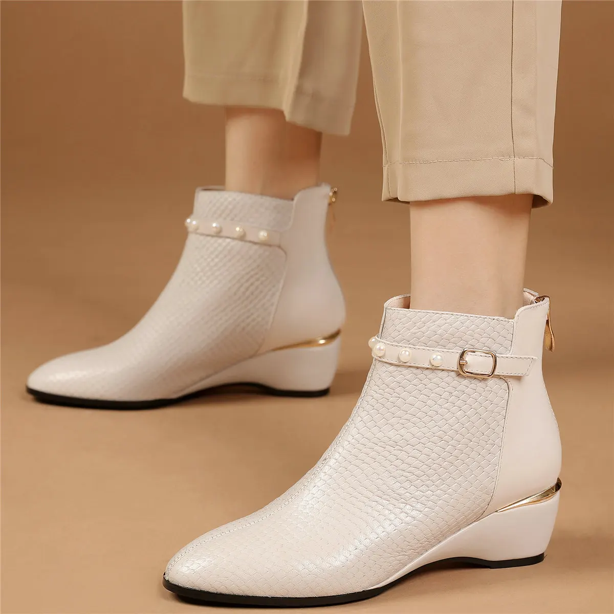 Winter Pumps Shoes Women Genuine Leather Wedges High Heel Ankle Boots Female High Top Square Toe Fashion Sneakers Casual Shoes