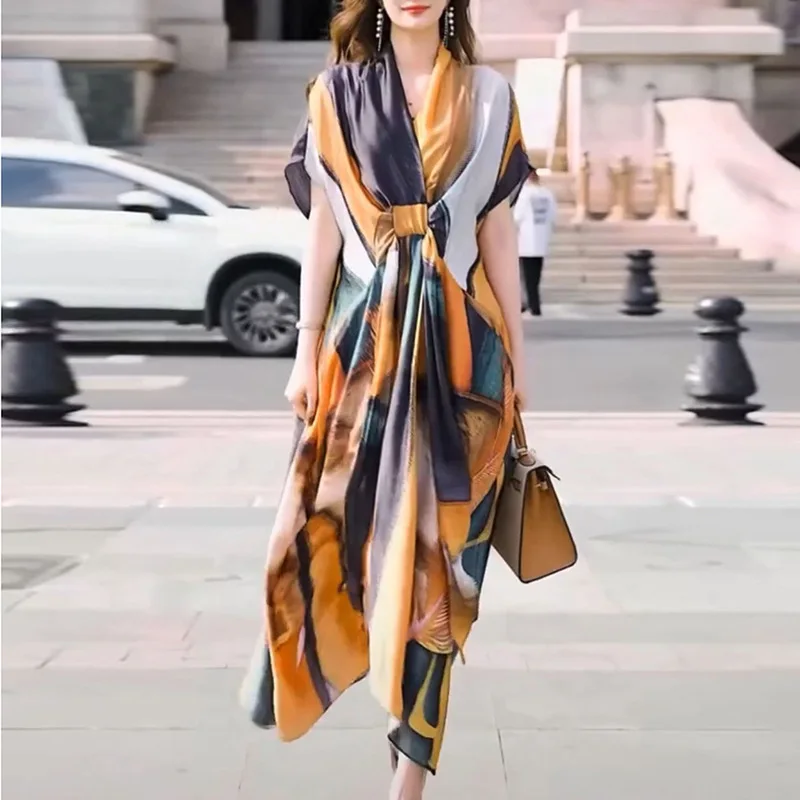 

SuperAen 2022 Summer New Silk Printing Waist Slim Thin V Neck Children Dress for Women