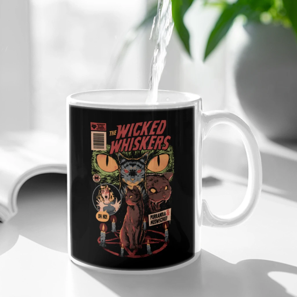 Wicked Whiskers Dark Horror Movie Cat Плакат Подарочная керамическая чашка Кофе Овсянка Чашка для
