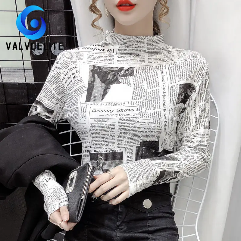 

2022 Spring and Autumn New Woman Fashion T-shirt Slim Fit All-match Newspaper Print Half Turtleneck Long-sleeved Bottoming Shirt