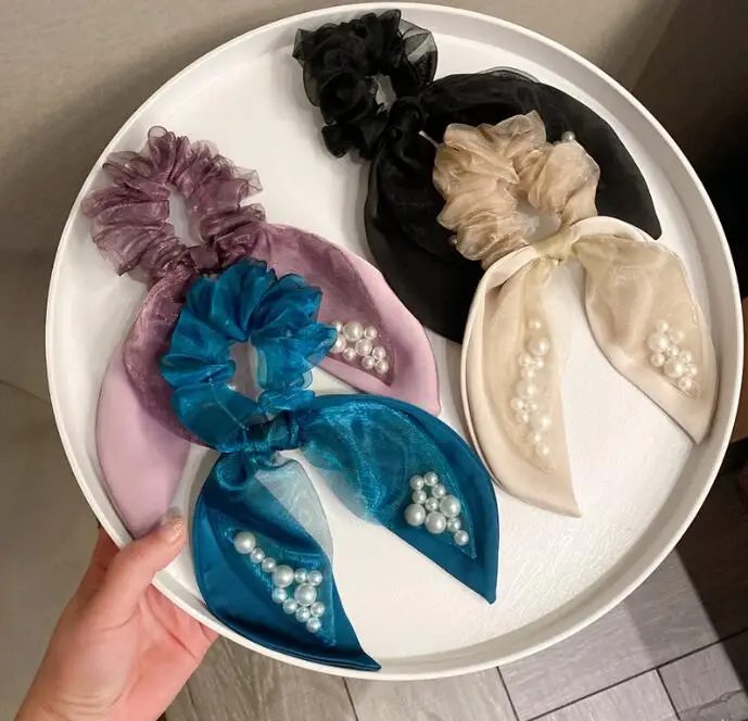 

Korean temperament pearl head rope bow rubber band women sweet hair rope mesh streamer hair ring