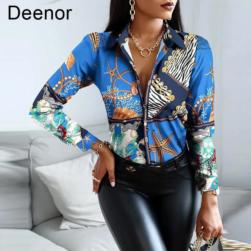 Женская блузка с длинным рукавом Deenor, Весенняя винтажная блузка с V-образным вырезом и принтом, Повседневная рубашка для отпуска